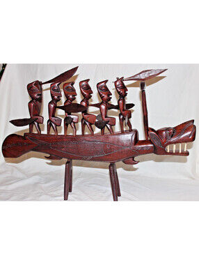 African Makonde Style Crocodile Boat Canoe Sculpture 6 Paddlers Carved Wood 28"